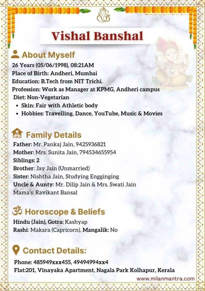 marriage Biodata one page