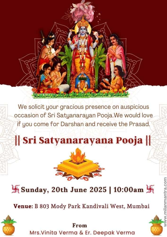 Religious Satyanarayan Pooja Invitation From Milan Mantra