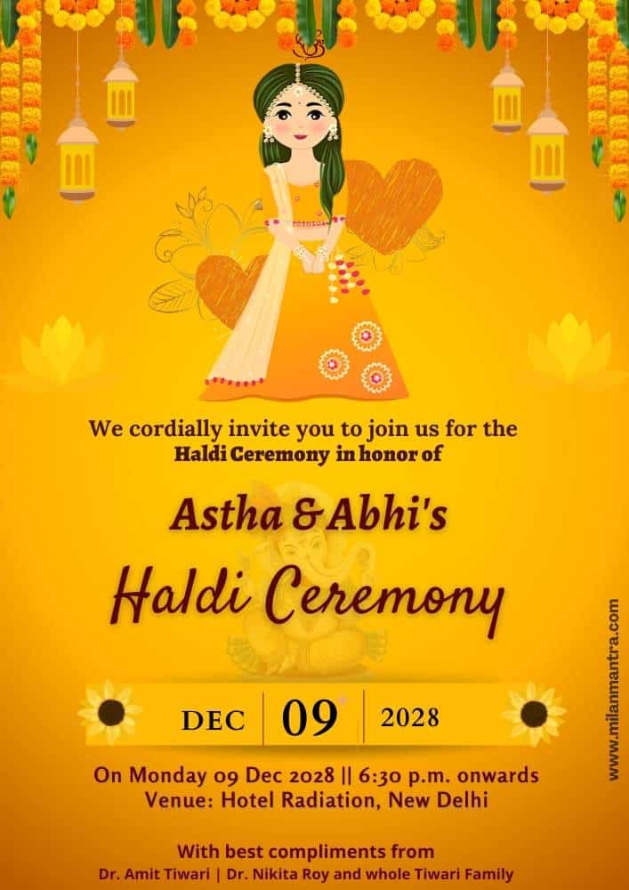 Decent Haldi Invitation Card With An Animated Couple Photo.