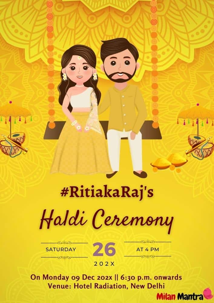 Decent Haldi Invitation Card With An Animated Couple Photo.