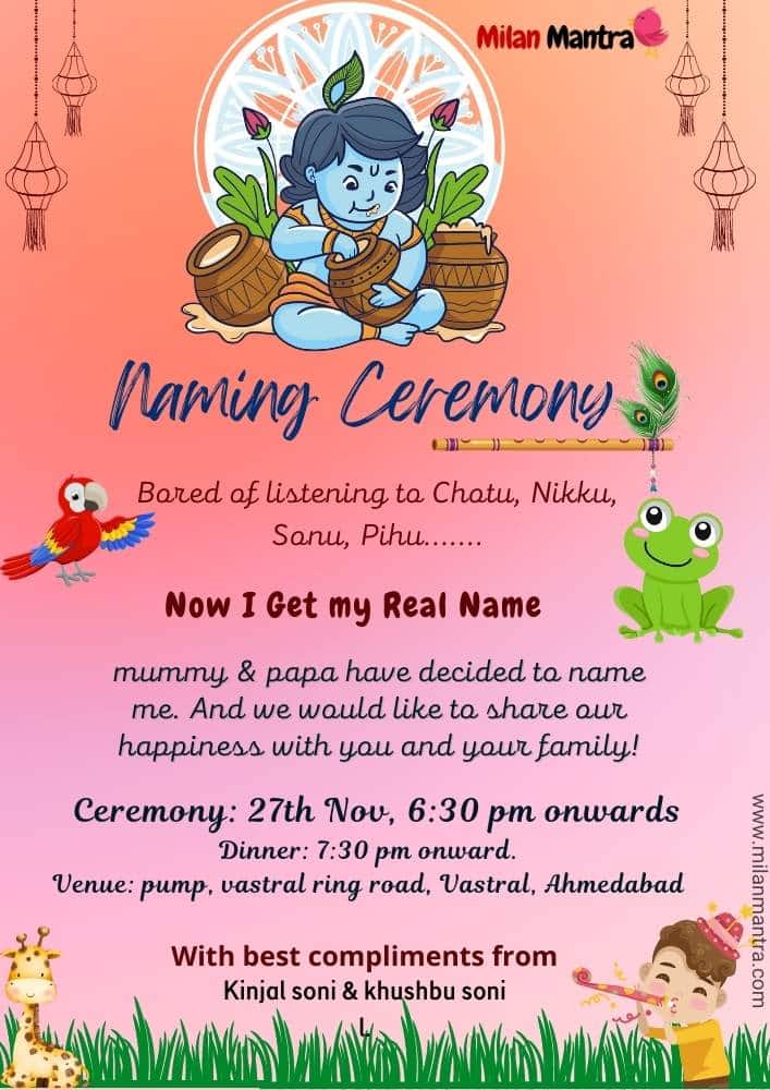 harming Naming Ceremony Invitation Card for Online Customization
