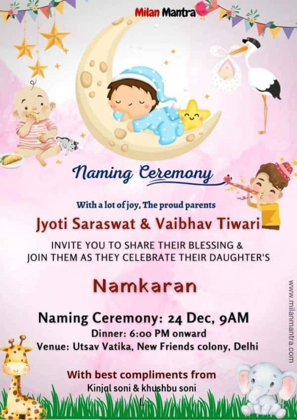 Pink color name ceremony invitation card in marathi.